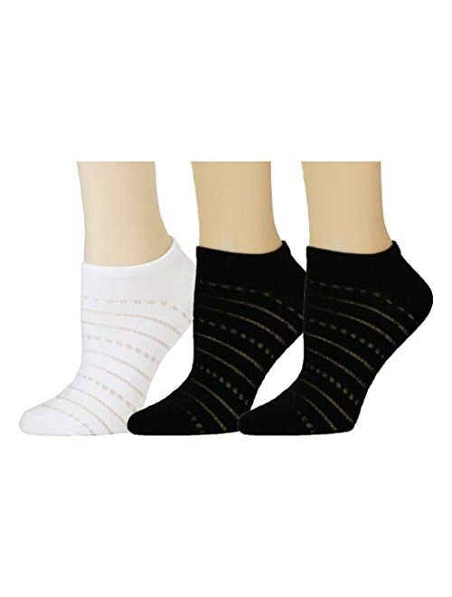 Badgley Mischka Cotton Low Cut Socks with Filament Stripes, White/Black/Black, One Size, Pack of 3