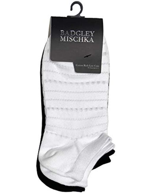 Badgley Mischka Cotton Low Cut Socks with Filament Stripes, White/Black/Black, One Size, Pack of 3