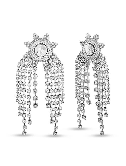 Badgley Mischka Sunburst Rhinestone Chain Fringe Dangle Earrings for Women