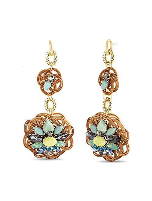 Badgley Mischka Brown Rattan Disc Green Rhinestone Dangle Earrings for Women