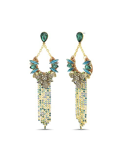 Badgley Mischka Insect Green Rhinestone Drop Rattan Hoop Dangle Fringe Earrings for Women