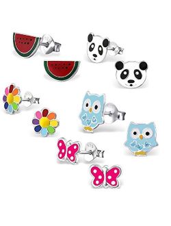 ICYROSE 925 Sterling Silver Set of 5 Pairs Watermelon Slice, Panda, Blue Owl, Pink Butterfly, Rainbow Flower Stud Earrings for Girls (Nickel Free)