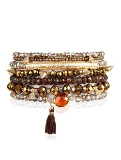 Bohemian Beaded Multi Layer Versatile Statement Bracelets - Stackable Stretch Strand Cuff Bangles Sparkly Crystal, Natural Stone, Wood Bead