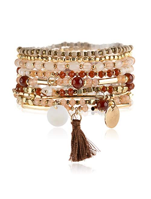 RIAH FASHION Bohemian Beaded Multi Layer Versatile Statement Bracelets - Stackable Stretch Strand Cuff Bangles Sparkly Crystal, Natural Stone, Wood Bead