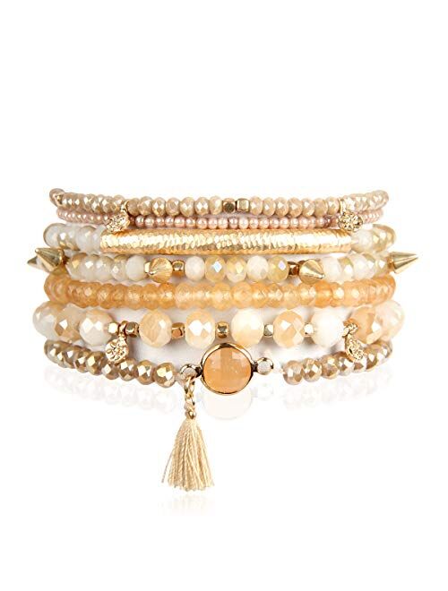 RIAH FASHION Bohemian Beaded Multi Layer Versatile Statement Bracelets - Stackable Stretch Strand Cuff Bangles Sparkly Crystal, Natural Stone, Wood Bead