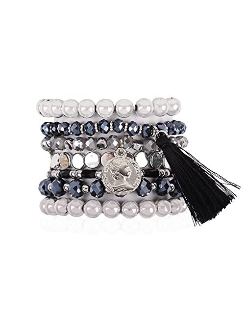 RIAH FASHION Bohemian Beaded Multi Layer Versatile Statement Bracelets - Stackable Stretch Strand Cuff Bangles Sparkly Crystal, Natural Stone, Wood Bead