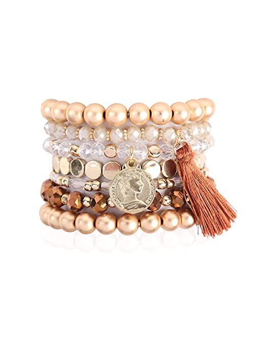 RIAH FASHION Bohemian Beaded Multi Layer Versatile Statement Bracelets - Stackable Stretch Strand Cuff Bangles Sparkly Crystal, Natural Stone, Wood Bead