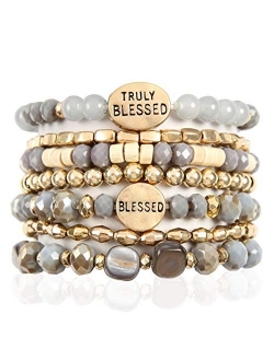 Inspirational Multi Layer Bead Stacking Strand Stretch Statement Bracelets - Religious Message Sparkly Crystal, Boho Cuff Bible Christian Bangle Set