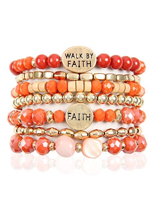 RIAH FASHION Inspirational Multi Layer Bead Stacking Strand Stretch Statement Bracelets - Religious Message Sparkly Crystal, Boho Cuff Bible Christian Bangle Set