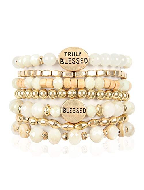 RIAH FASHION Inspirational Multi Layer Bead Stacking Strand Stretch Statement Bracelets - Religious Message Sparkly Crystal, Boho Cuff Bible Christian Bangle Set