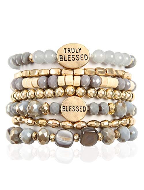 RIAH FASHION Inspirational Multi Layer Bead Stacking Strand Stretch Statement Bracelets - Religious Message Sparkly Crystal, Boho Cuff Bible Christian Bangle Set