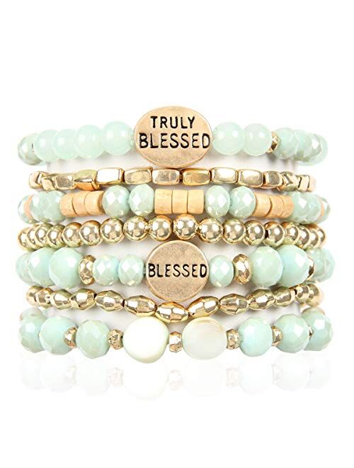 RIAH FASHION Inspirational Multi Layer Bead Stacking Strand Stretch Statement Bracelets - Religious Message Sparkly Crystal, Boho Cuff Bible Christian Bangle Set