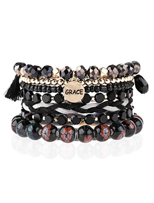 RIAH FASHION Inspirational Multi Layer Bead Stacking Strand Stretch Statement Bracelets - Religious Message Sparkly Crystal, Boho Cuff Bible Christian Bangle Set