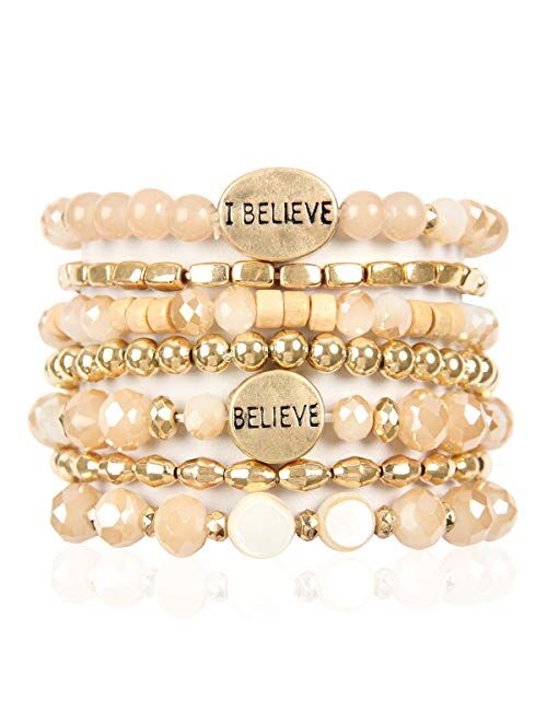 RIAH FASHION Inspirational Multi Layer Bead Stacking Strand Stretch Statement Bracelets - Religious Message Sparkly Crystal, Boho Cuff Bible Christian Bangle Set