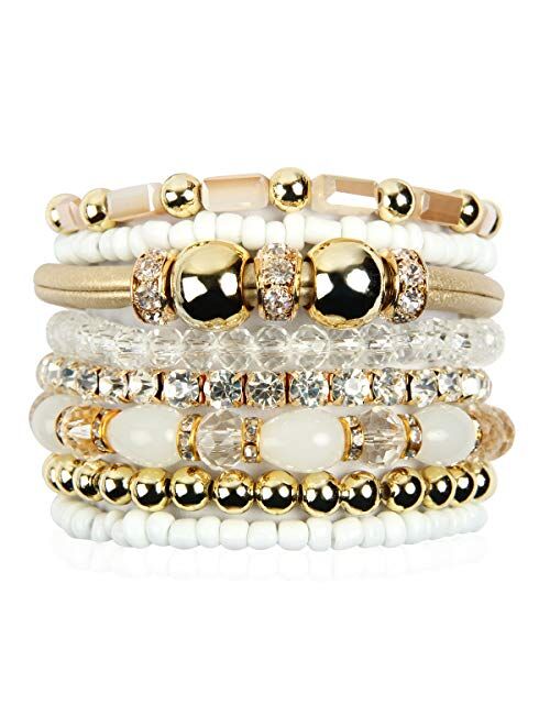 RIAH FASHION Bohemian Bead Multi Layer Versatile Statement Bracelets - Metallic Bar, Sparkly Crystal, Tassel Charm Stackable Stretch Prayer Cuff Leatherette Bangle