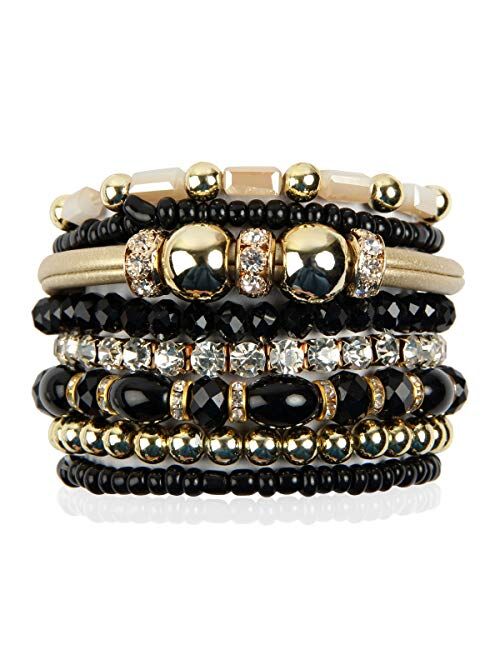 RIAH FASHION Bohemian Bead Multi Layer Versatile Statement Bracelets - Metallic Bar, Sparkly Crystal, Tassel Charm Stackable Stretch Prayer Cuff Leatherette Bangle