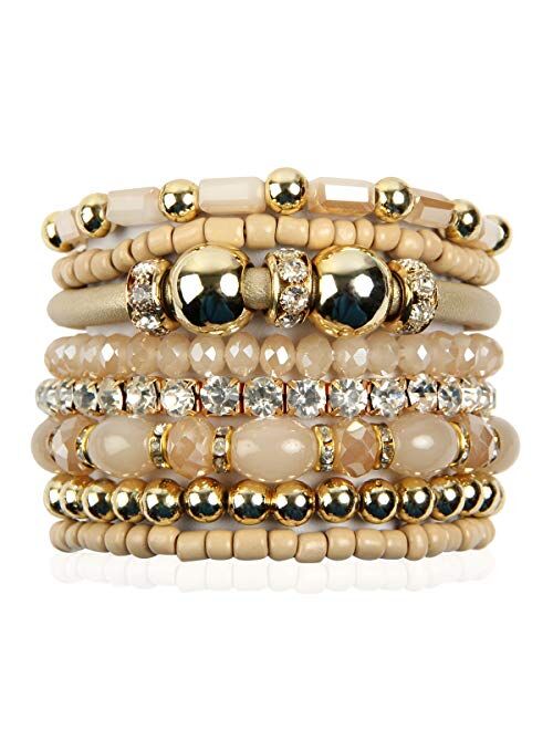 RIAH FASHION Bohemian Bead Multi Layer Versatile Statement Bracelets - Metallic Bar, Sparkly Crystal, Tassel Charm Stackable Stretch Prayer Cuff Leatherette Bangle