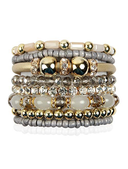 RIAH FASHION Bohemian Bead Multi Layer Versatile Statement Bracelets - Metallic Bar, Sparkly Crystal, Tassel Charm Stackable Stretch Prayer Cuff Leatherette Bangle