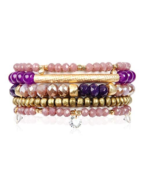 RIAH FASHION Bohemian Bead Multi Layer Versatile Statement Bracelets - Metallic Bar, Sparkly Crystal, Tassel Charm Stackable Stretch Prayer Cuff Leatherette Bangle