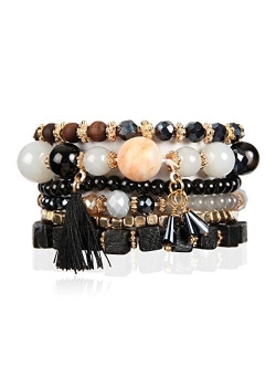 Multi Layer Versatile Statement Bracelets - Stackable Beaded Strand Stretch Bangles Sparkly Crystal, Wood Bead, Tassel Charm Pendant