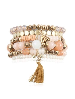 Multi Layer Versatile Statement Bracelets - Stackable Beaded Strand Stretch Bangles Sparkly Crystal, Wood Bead, Tassel Charm Pendant