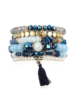 Multi Layer Versatile Statement Bracelets - Stackable Beaded Strand Stretch Bangles Sparkly Crystal, Wood Bead, Tassel Charm Pendant