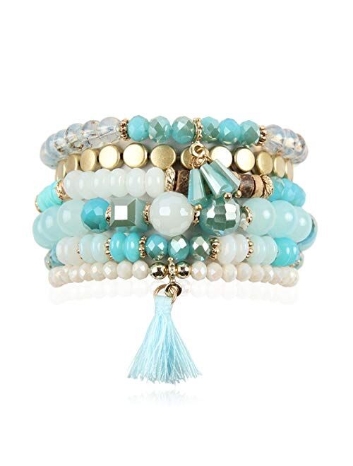 RIAH FASHION Multi Layer Versatile Statement Bracelets - Stackable Beaded Strand Stretch Bangles Sparkly Crystal, Wood Bead, Tassel Charm Pendant