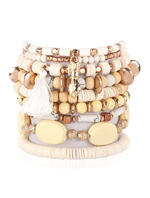 RIAH FASHION Multi Layer Versatile Statement Bracelets - Stackable Beaded Strand Stretch Bangles Sparkly Crystal, Wood Bead, Tassel Charm Pendant