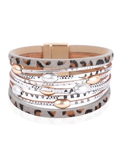 Bohemian Animal Print Statement Bracelet - Boho Wrist Cuff Wrap Genuine Leather, Faux Leatherette Leopard Print Calf Hair, Magnetic Buckle Bangle