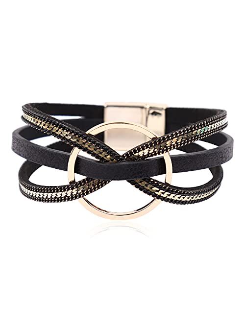 RIAH FASHION Bohemian Animal Print Statement Bracelet - Boho Wrist Cuff Wrap Genuine Leather, Faux Leatherette Leopard Print Calf Hair, Magnetic Buckle Bangle