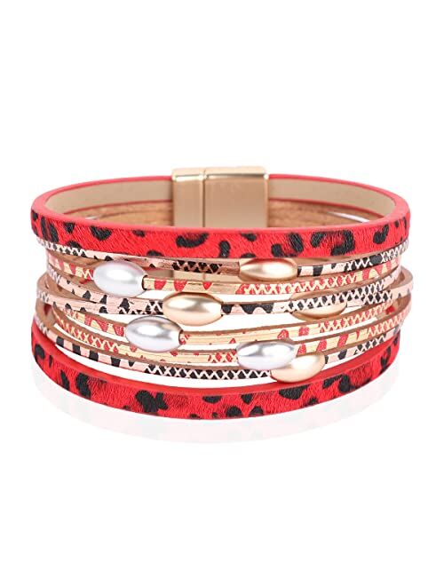 RIAH FASHION Bohemian Animal Print Statement Bracelet - Boho Wrist Cuff Wrap Genuine Leather, Faux Leatherette Leopard Print Calf Hair, Magnetic Buckle Bangle