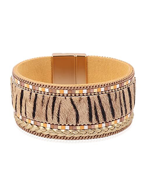 RIAH FASHION Bohemian Animal Print Statement Bracelet - Boho Wrist Cuff Wrap Genuine Leather, Faux Leatherette Leopard Print Calf Hair, Magnetic Buckle Bangle