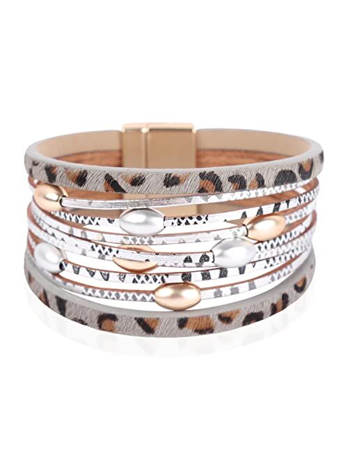 RIAH FASHION Bohemian Animal Print Statement Bracelet - Boho Wrist Cuff Wrap Genuine Leather, Faux Leatherette Leopard Print Calf Hair, Magnetic Buckle Bangle