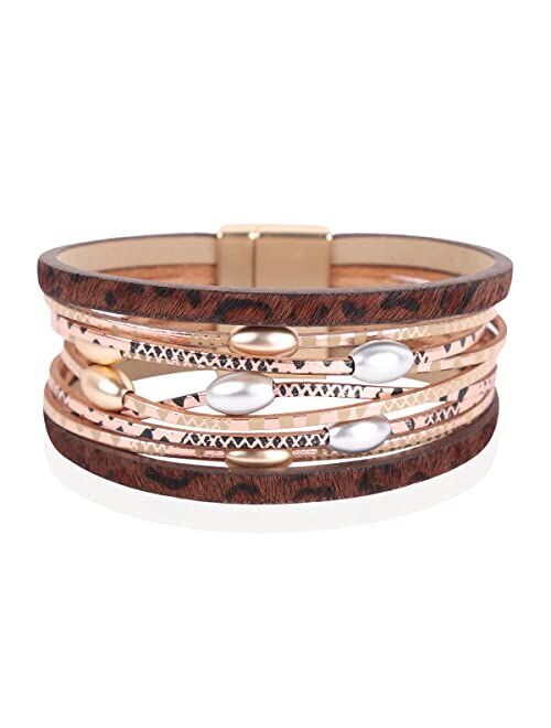 RIAH FASHION Bohemian Animal Print Statement Bracelet - Boho Wrist Cuff Wrap Genuine Leather, Faux Leatherette Leopard Print Calf Hair, Magnetic Buckle Bangle