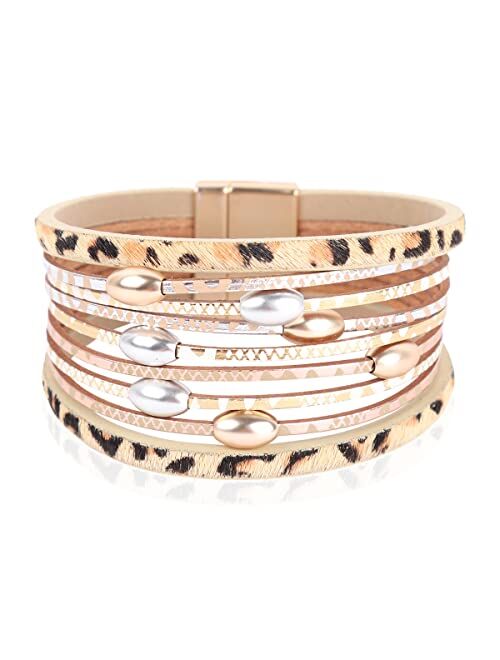 RIAH FASHION Bohemian Animal Print Statement Bracelet - Boho Wrist Cuff Wrap Genuine Leather, Faux Leatherette Leopard Print Calf Hair, Magnetic Buckle Bangle