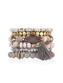 Coin Bead Multi Layer Versatile Statement Bracelets - Stackable Beaded Strand Stretch Bangles Sparkly Crystal, Tassel Charm