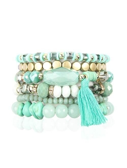 Coin Bead Multi Layer Versatile Statement Bracelets - Stackable Beaded Strand Stretch Bangles Sparkly Crystal, Tassel Charm