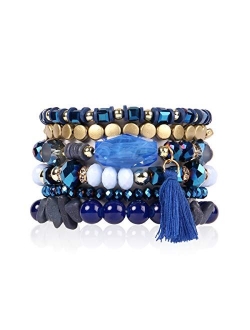 Coin Bead Multi Layer Versatile Statement Bracelets - Stackable Beaded Strand Stretch Bangles Sparkly Crystal, Tassel Charm