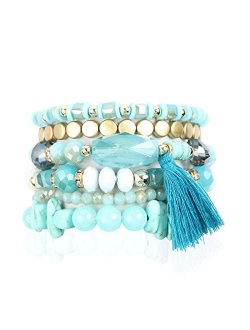 Coin Bead Multi Layer Versatile Statement Bracelets - Stackable Beaded Strand Stretch Bangles Sparkly Crystal, Tassel Charm