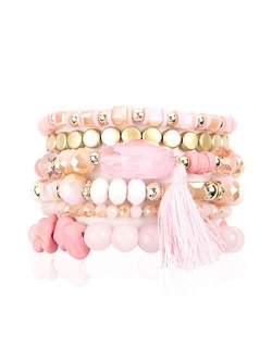 Coin Bead Multi Layer Versatile Statement Bracelets - Stackable Beaded Strand Stretch Bangles Sparkly Crystal, Tassel Charm