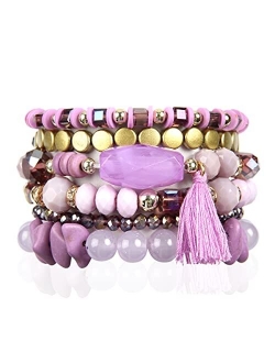 Coin Bead Multi Layer Versatile Statement Bracelets - Stackable Beaded Strand Stretch Bangles Sparkly Crystal, Tassel Charm