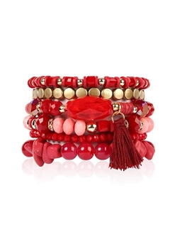 Coin Bead Multi Layer Versatile Statement Bracelets - Stackable Beaded Strand Stretch Bangles Sparkly Crystal, Tassel Charm