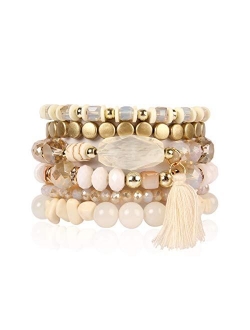 Coin Bead Multi Layer Versatile Statement Bracelets - Stackable Beaded Strand Stretch Bangles Sparkly Crystal, Tassel Charm