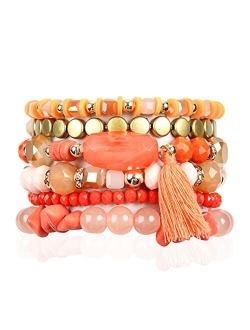 Coin Bead Multi Layer Versatile Statement Bracelets - Stackable Beaded Strand Stretch Bangles Sparkly Crystal, Tassel Charm