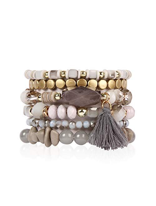 RIAH FASHION Coin Bead Multi Layer Versatile Statement Bracelets - Stackable Beaded Strand Stretch Bangles Sparkly Crystal, Tassel Charm