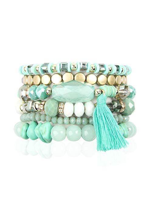 RIAH FASHION Coin Bead Multi Layer Versatile Statement Bracelets - Stackable Beaded Strand Stretch Bangles Sparkly Crystal, Tassel Charm