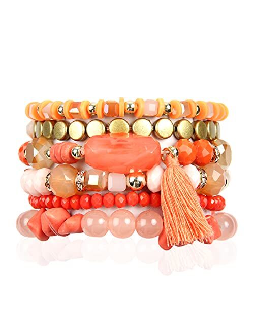 RIAH FASHION Coin Bead Multi Layer Versatile Statement Bracelets - Stackable Beaded Strand Stretch Bangles Sparkly Crystal, Tassel Charm