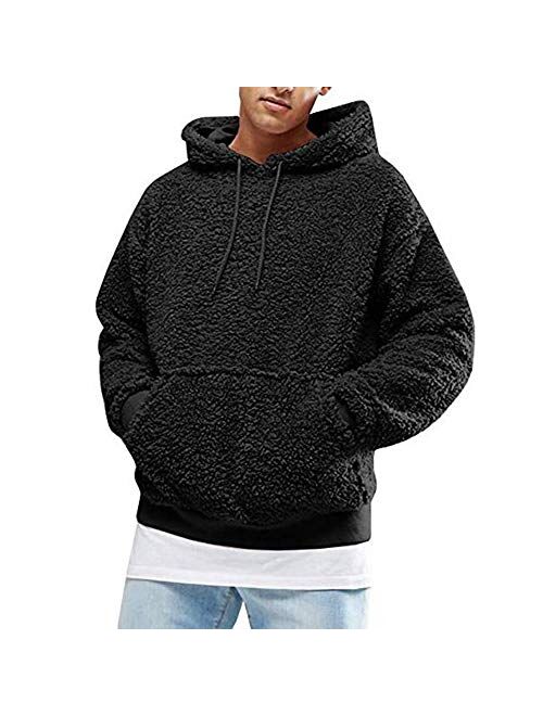 Men's Fluffy Hoodie Sherpa Pullover Fleece Sweatshirts Outfits Kangaroo Outwear