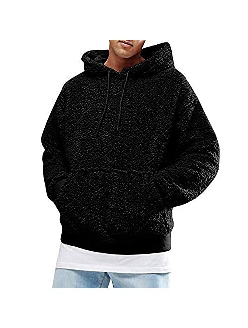 Mens Fuzzy Pullover Hoodie Sherpa Sweatshirt Long Sleeve Fall Winter Hooded Outwear with Pocket