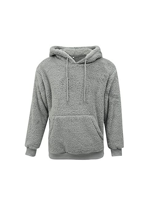 Mens Fuzzy Pullover Hoodie Sherpa Sweatshirt Long Sleeve Fall Winter Hooded Outwear with Pocket